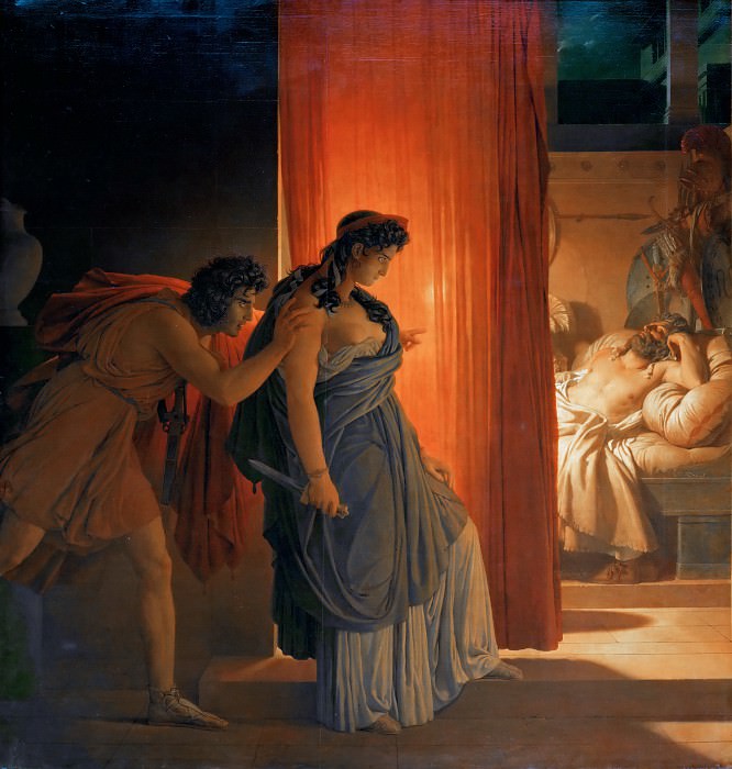 Pierre Guérin (1774-1833) -- Clytemnestra Hesitating to Strike Agamemnon in His Sleep, While Aegisthus, Her Accomplice, Presses Her. Part 1 Louvre